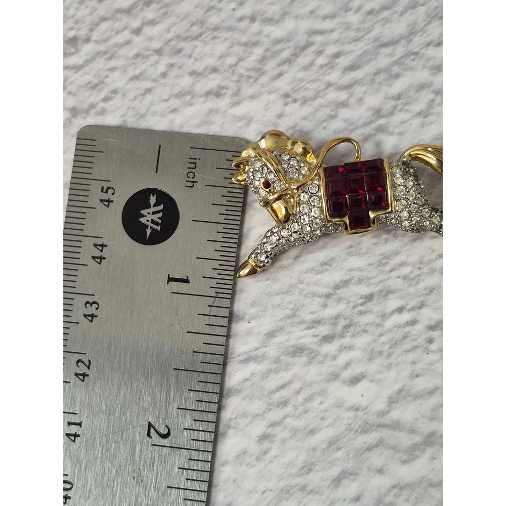 Vintage Gold Tone Rhinestone Horse Brooch Pin Ruby Red Crystal Saddle Pony
